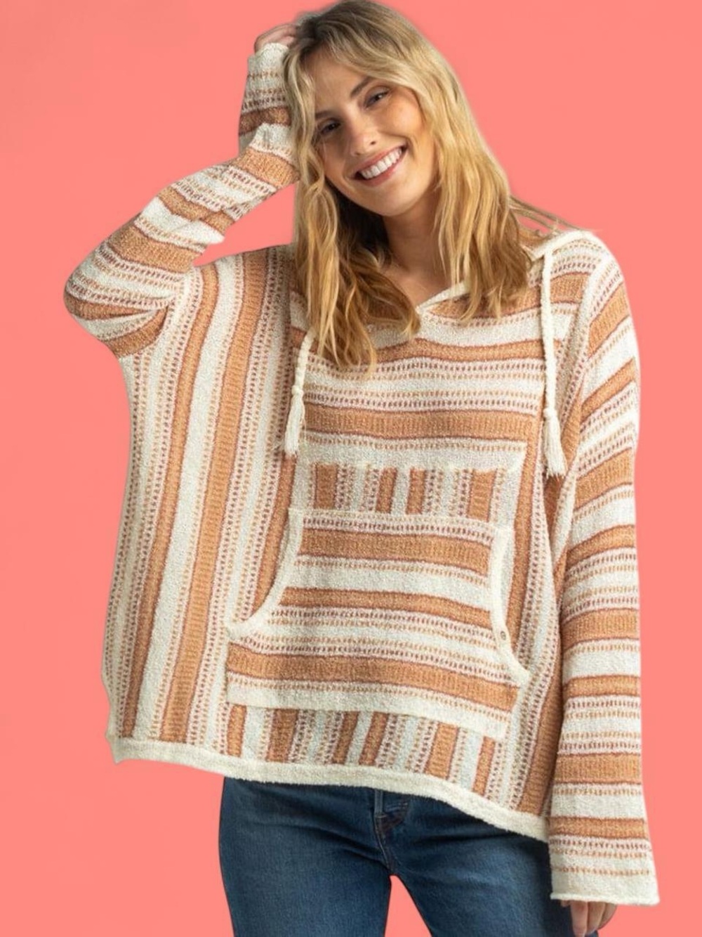 Rip Curl Striped Scoop-Neck Knit Hoodie in Cream & Tan